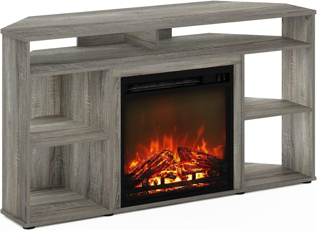 HomeStock Electric Fireplace TV Stand - Corner Entertainment Center for TVs up to 55 Inch French Oak Grey/Corner with Top Shelf