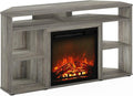HomeStock Electric Fireplace TV Stand - Corner Entertainment Center for TVs up to 55 Inch French Oak Grey/Corner with Top Shelf