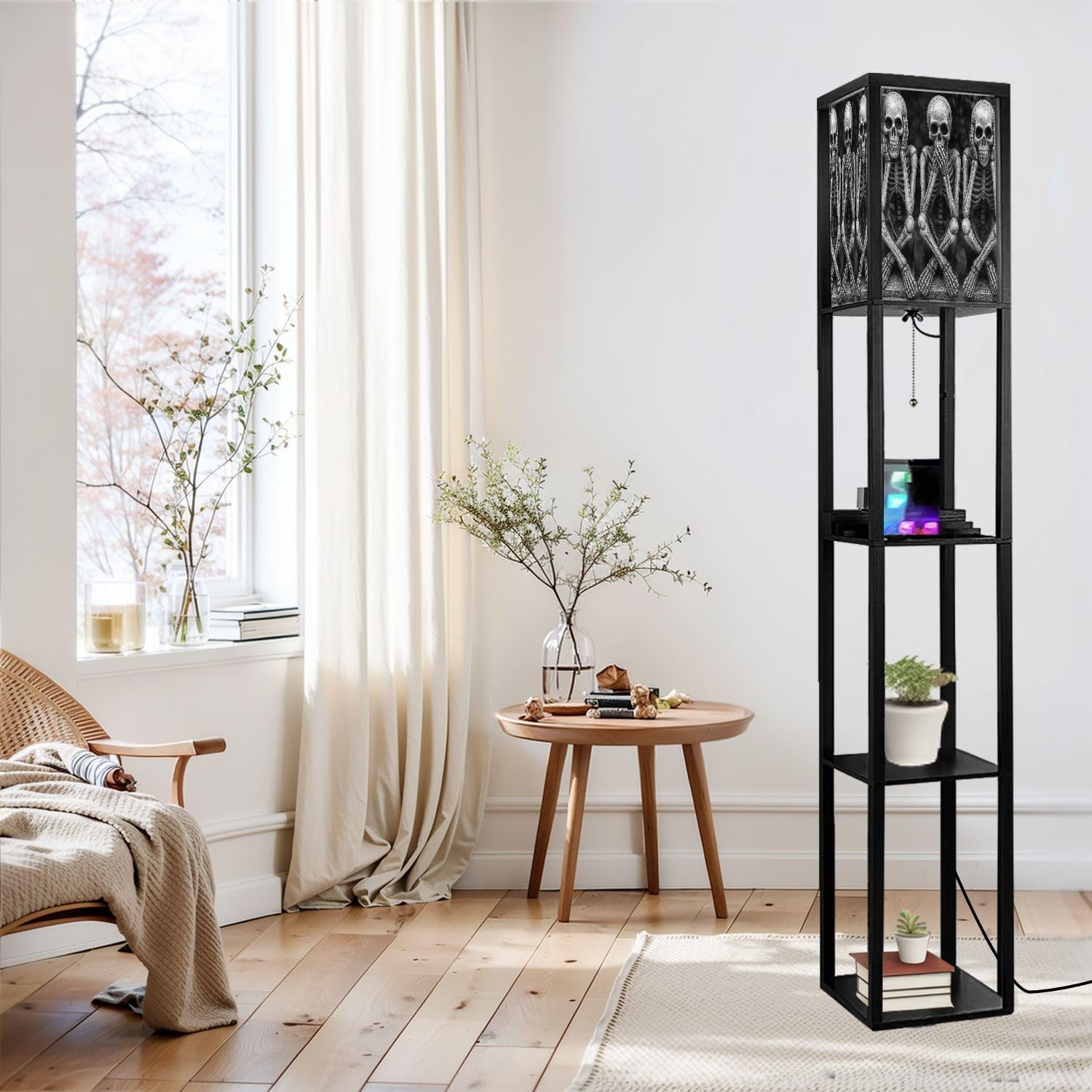 Floor Lamp with Shelves Skeletons Funny Hear no Evil Standing Tall Lamp USB Ports & Power Outlet Modern Corner Lamp Nightstand Light for Living Room Bedroom