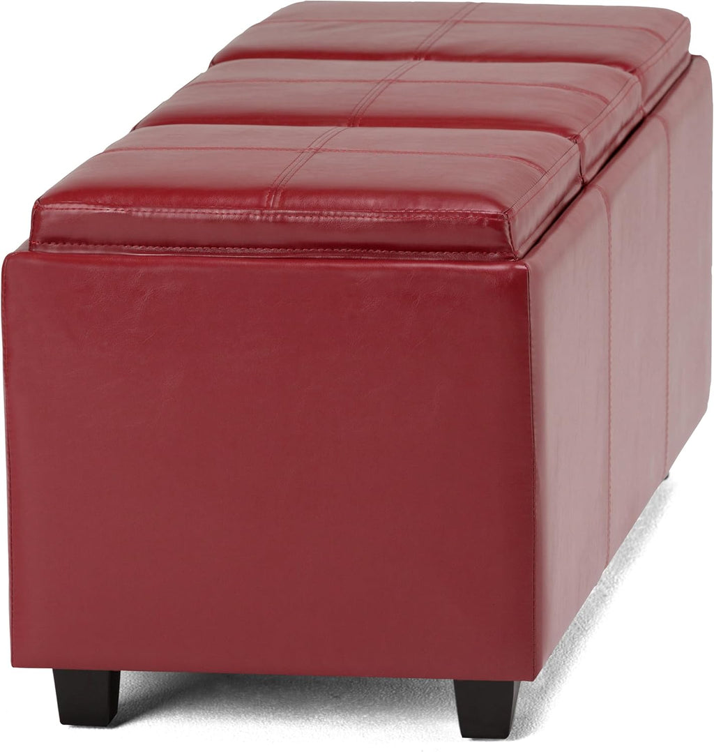 SIMPLIHOME Avalon Storage Ottoman - 42 inch Wide Upholstered Vegan Leather Rectangular Flip-Top Ottoman in Red, Contemporary Coffee Table Ottoman for Living Room with Hidden Storage