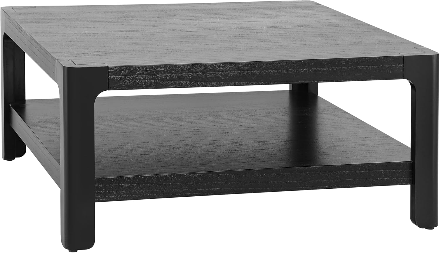 Henf 34.7' Square Coffee Table, Large 2-Tier Solid Wood Coffee Table with Open Storage Shelf and Soft Rounded Corner, Wood Cocktail Center Tea Coffee Tables for Living Meeting Room,Black