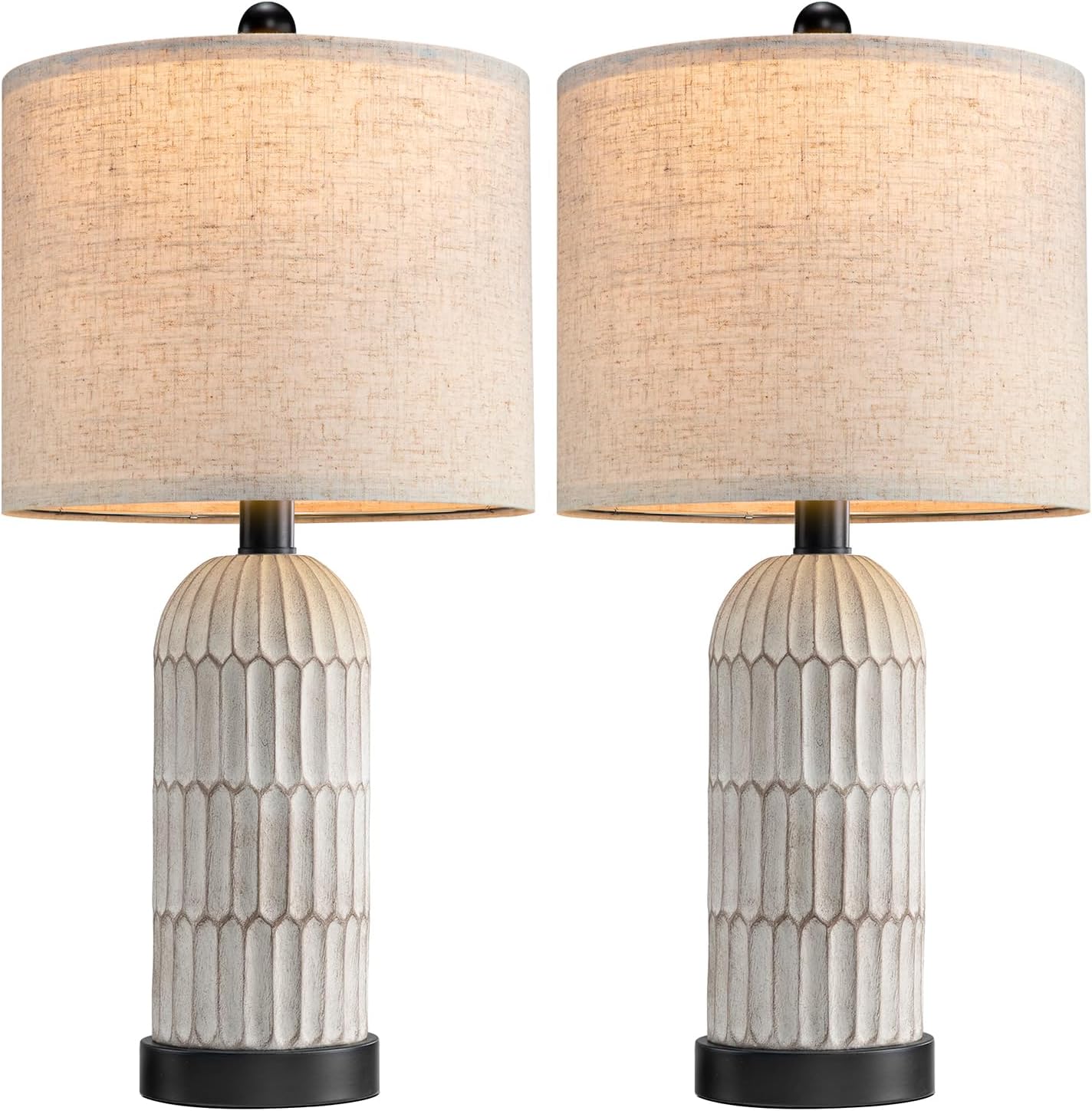 OYEARS 22.5' Bedside Table Lamps Set of 2, Farmhouse Table Lamp with USB A+C Charging Ports,Vintage Nightstand Lamp for Bedrooms and Living Rooms, Retro Resin End Table Lamp with Linen Shade, Black