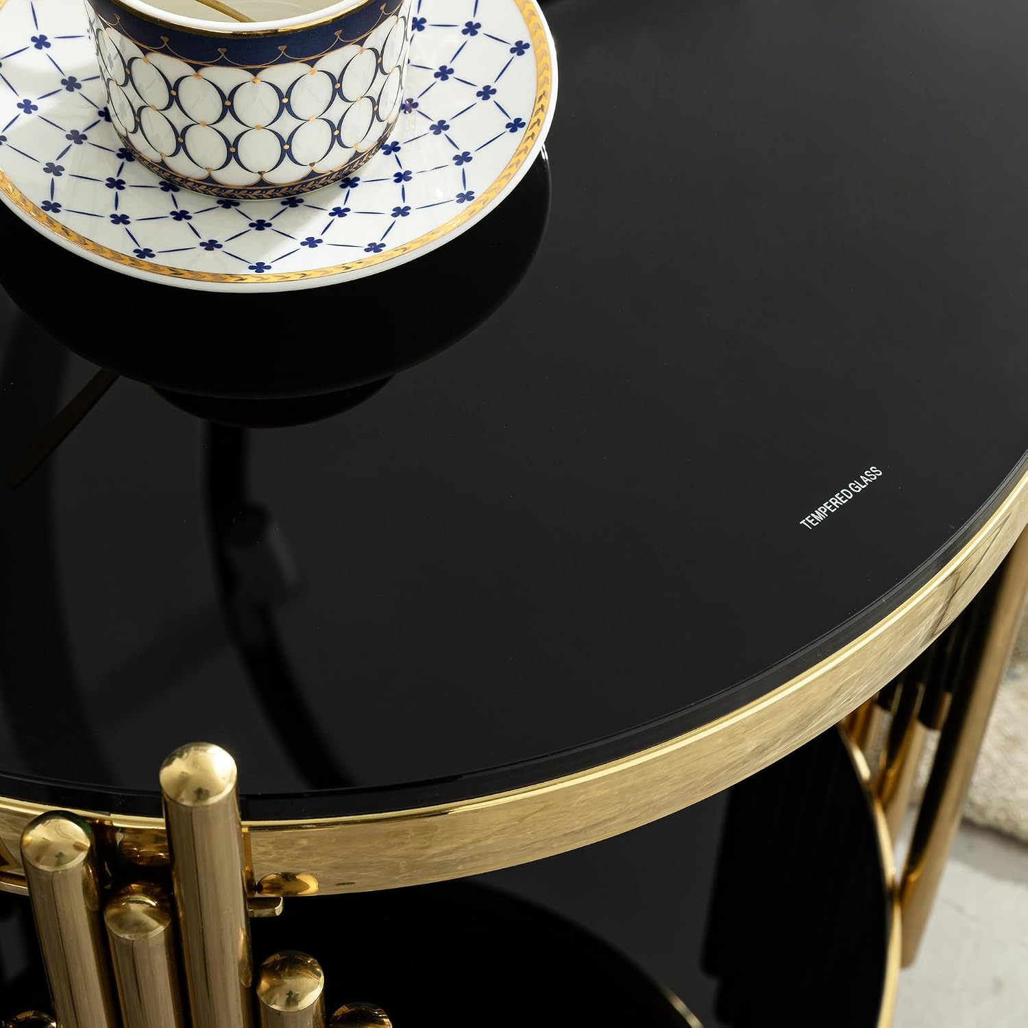 Luxury Gold Round Glass End Table, 17.7' Modern Side Table with Stainless Steel Irregular Leg Black Tempered Glass Tabletop, Accent Furniture for Living Room, Black