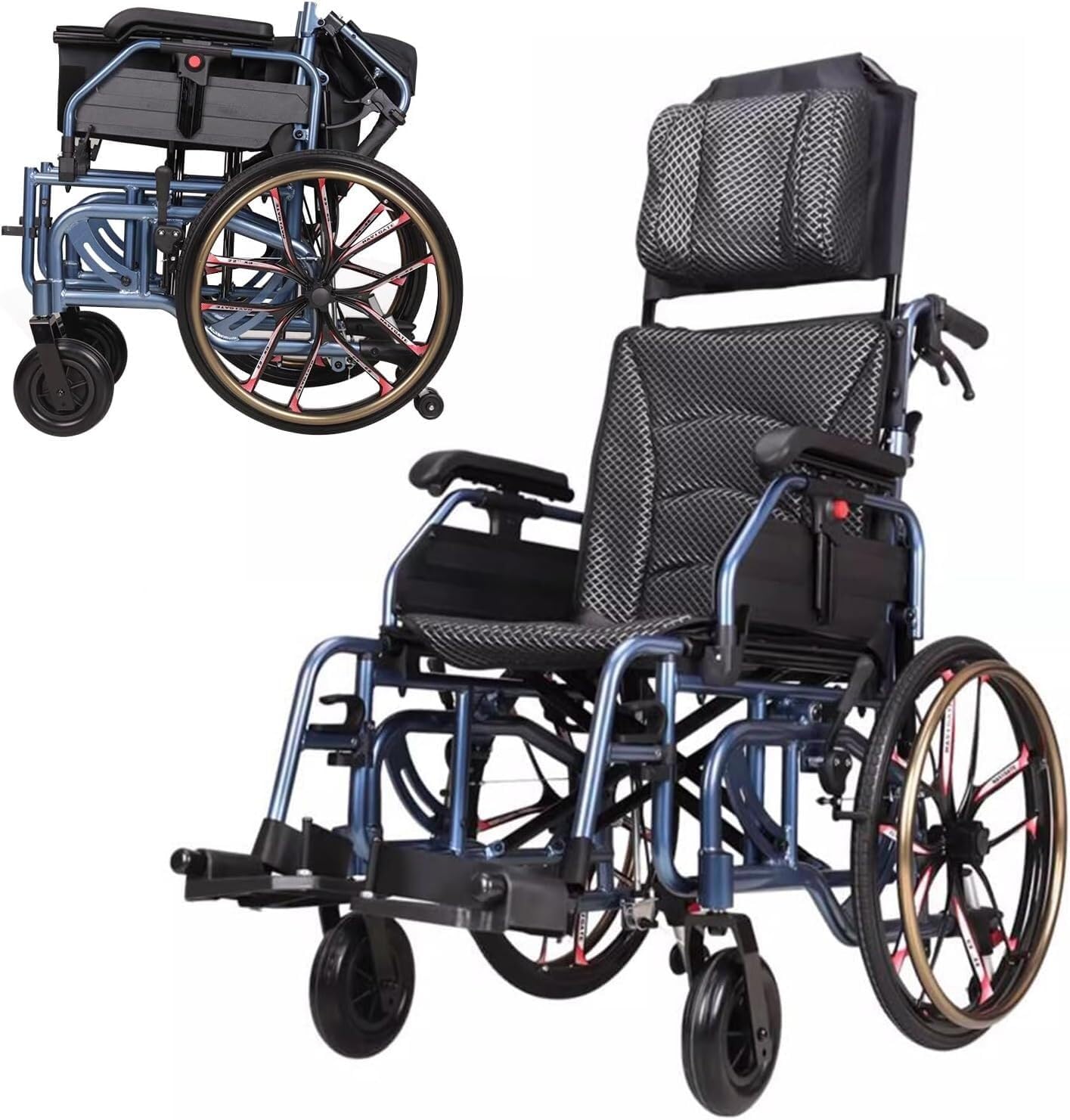Full Lying Wheelchairs Folding, Lightweight Self Propelled Wheelchair Portable Comfort Wheelchair with Swing Away Footrests and Brakes,Self-propelled Manual Wheelchairs Scooter