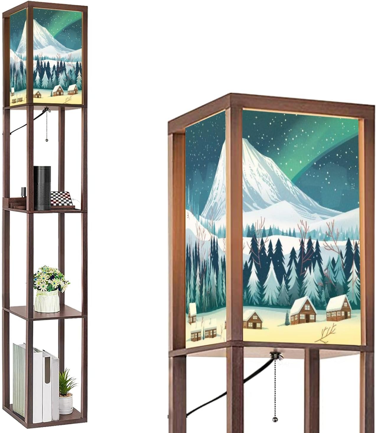 Floor Lamp with Shelves Snow Capped Mountain Wooden Cabins Crisp White Forest Standing Tall Lamp USB Ports & Power Outlet Modern Corner Lamp Nightstand Light for Living Room Bedroom