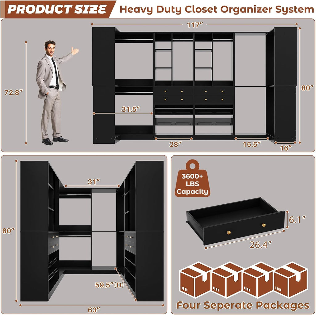 Besiost Closet System with 4 Drawers & Corner Tower, Closet Organizer System with 4 Hanging Robs, Reversible U Shaped Walk-in Closet System, Load 2600+LBS Capacity, Set of 4, Black