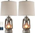 Farmhouse Rustic Table Lamps for Living Room Set of 2, Vintage Lantern Table Lamp with Dual USB Ports, Retro Nightstand Lamp for Bedroom Bedside, 4 Bulbs Included (Iron Gray)