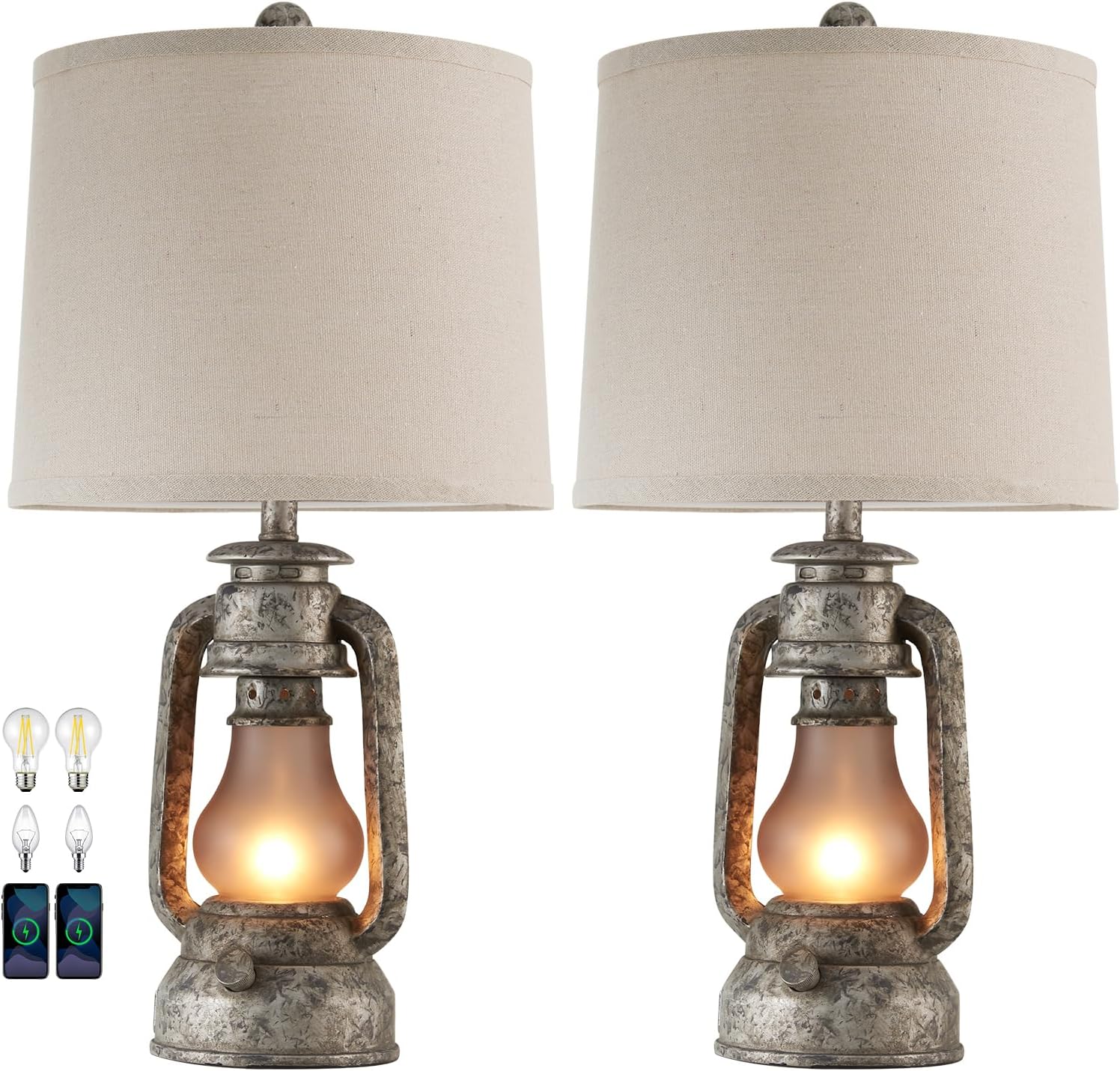Farmhouse Rustic Table Lamps for Living Room Set of 2, Vintage Lantern Table Lamp with Dual USB Ports, Retro Nightstand Lamp for Bedroom Bedside, 4 Bulbs Included (Iron Gray)