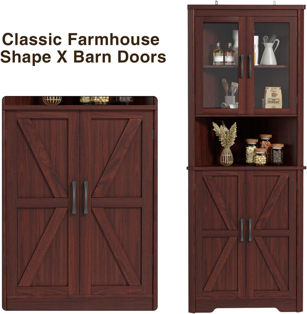 FiveWillowise 67''H Dark Brown Tall Corner Storage Cabinet with 4 Tempered Glass Doors and Barn Doors, Home Space Saver Decoration Farmhouse Cabinet with 2 Adjustable Shelves for Kitchen, Living Room