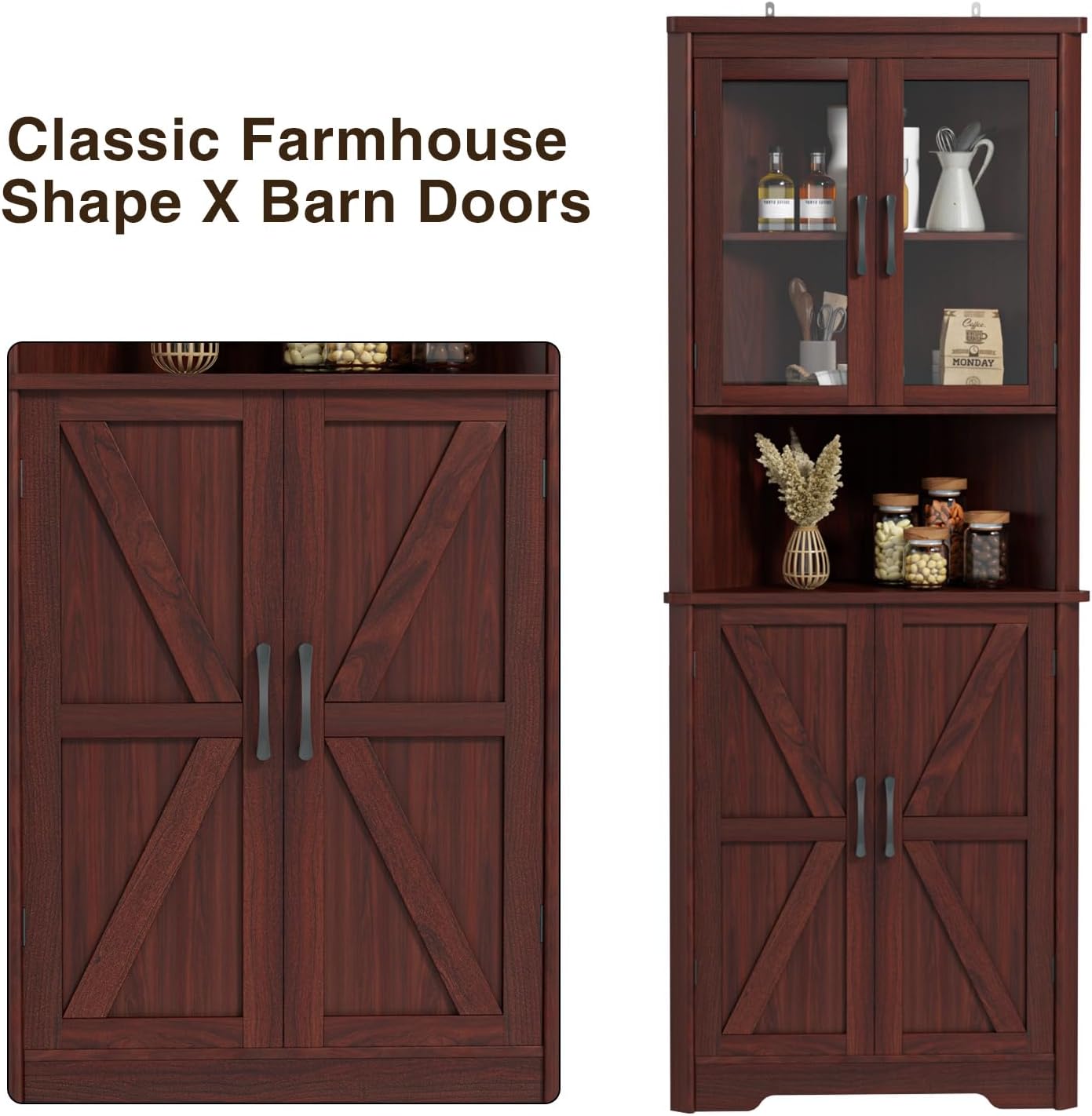 FiveWillowise 67''H Dark Brown Tall Corner Storage Cabinet with 4 Tempered Glass Doors and Barn Doors, Home Space Saver Decoration Farmhouse Cabinet with 2 Adjustable Shelves for Kitchen, Living Room