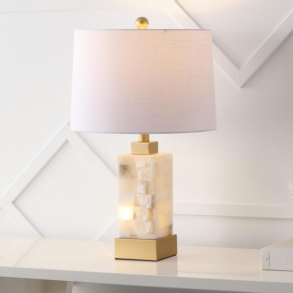 JONATHAN Y 23' Gold/White 2-Light Alabaster Rectangular Table Lamp with Night Light Modern Coastal Bedside Lamp for Bedroom with White Linen Drum Shade LED Bulbs Included JYL6202A