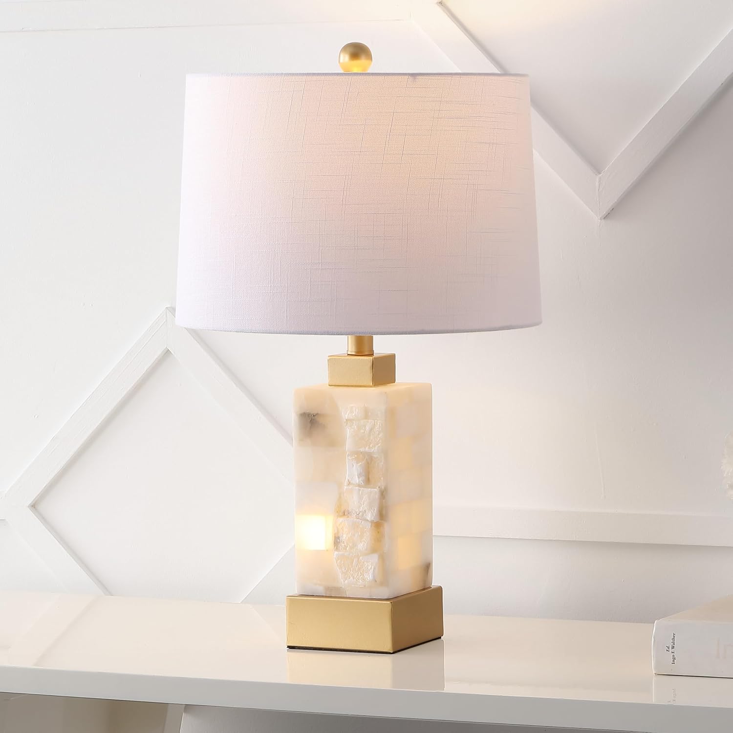 JONATHAN Y 23' Gold/White 2-Light Alabaster Rectangular Table Lamp with Night Light Modern Coastal Bedside Lamp for Bedroom with White Linen Drum Shade LED Bulbs Included JYL6202A
