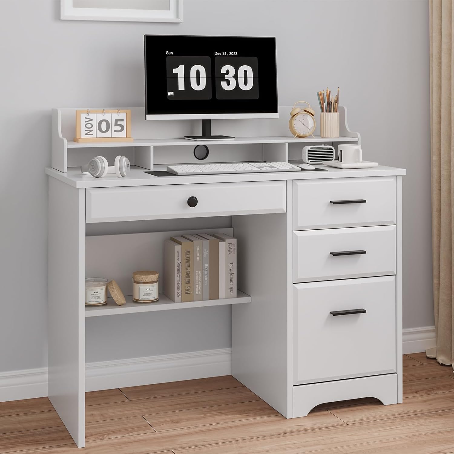 MaverickFurni White Desk with Drawers, Small Computer Desk with Drawers for Writing Study, Office Desk with File Drawer and Monitor Stand for Bedroom, Small Spaces