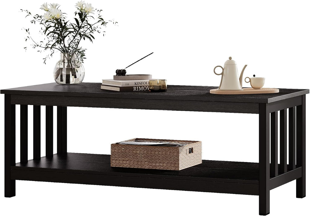 ChooChoo Mission Coffee Table, Black Wood Living Room Table with Shelf, 47 inch