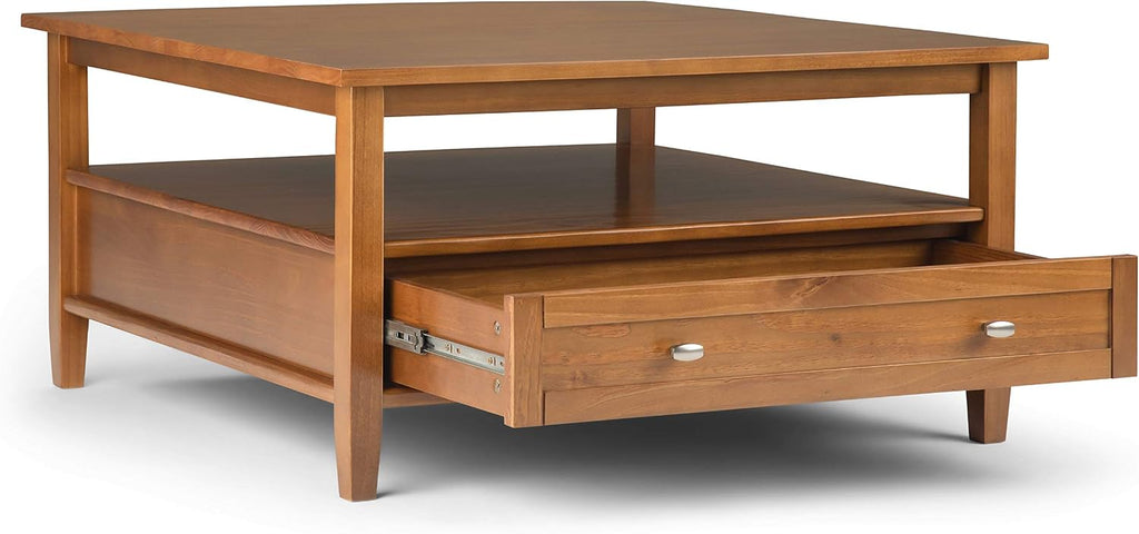 SIMPLIHOME Warm Shaker Square Coffee Table - 36 inch Wide Solid Wood Cocktail Table in Light Golden Brown, Transitional Living Room Table with Large Storage Drawer and Open Shelf for Sitting Area