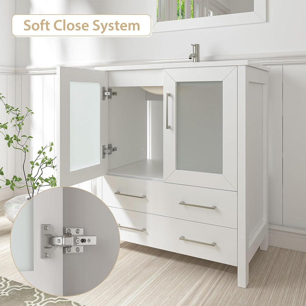Vanity Art 54 Inch Under Mount Single Sink Bathroom Vanity Cabinet with 1 Mirror, Ceramic Top Bathroom Cabinet Compact Set with 8 Dovetail Drawers and Brushed Nickel Handles, VA3030-54-W