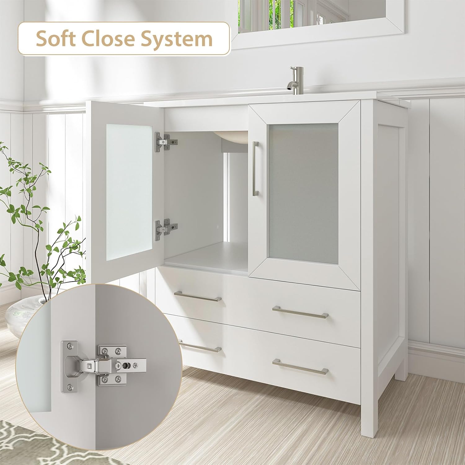 Vanity Art 54 Inch Under Mount Single Sink Bathroom Vanity Cabinet with 1 Mirror, Ceramic Top Bathroom Cabinet Compact Set with 8 Dovetail Drawers and Brushed Nickel Handles, VA3030-54-W