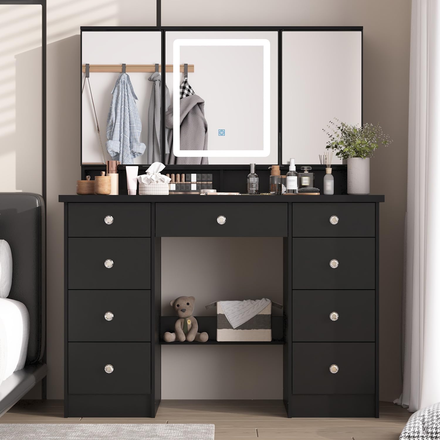 Timechee Vanity Mirror with Lights, Corner Vanity Desk with 9 Storage Drawers, 4 Large Shelves, 3 Color Lighting Options, Makeup Table Desk with Mirror for Bedroom, Restroom, Black