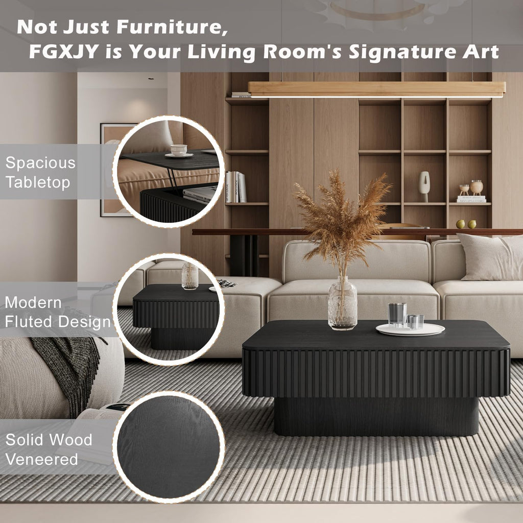 Lift Top Coffee Table with Storage, Solid Wood Coffee Table with Adjustable Height, Fluted Center Table Accent Tea Table for Living Room, Apartment, Office (38.6' Black)