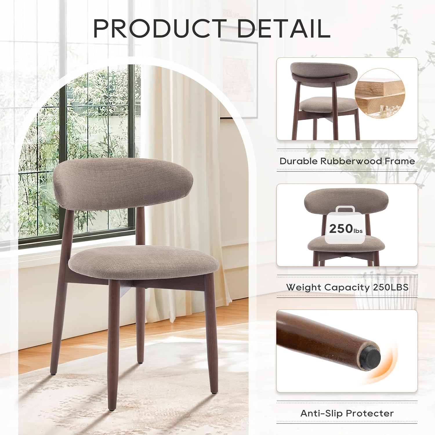 COLAMY Wooden Dining Chairs Set of 2, Modern Fabric Upholstered Dining Room Chair, Farmhouse Kitchen Chair with Foot Pegs, Camel