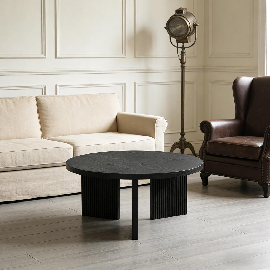 Wooden Round Coffee Table, 35' Coffee Table with Smooth Thick Mesa, Low Circle Center Table with X Shaped Stable Legs, Accent Tea Table for Living Room, Office, Black