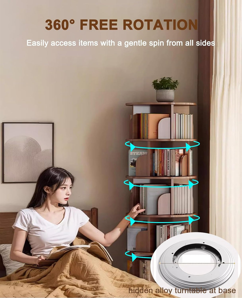 5 Tier Rotating Bookshelf with Cabinet On Wheel, 360° Display Spinning Corner Book Shelf Tower, Narrow Tall Bookshelves, Small Revolving Bookcase, Wooden Book Shelf Standing Storage Rack