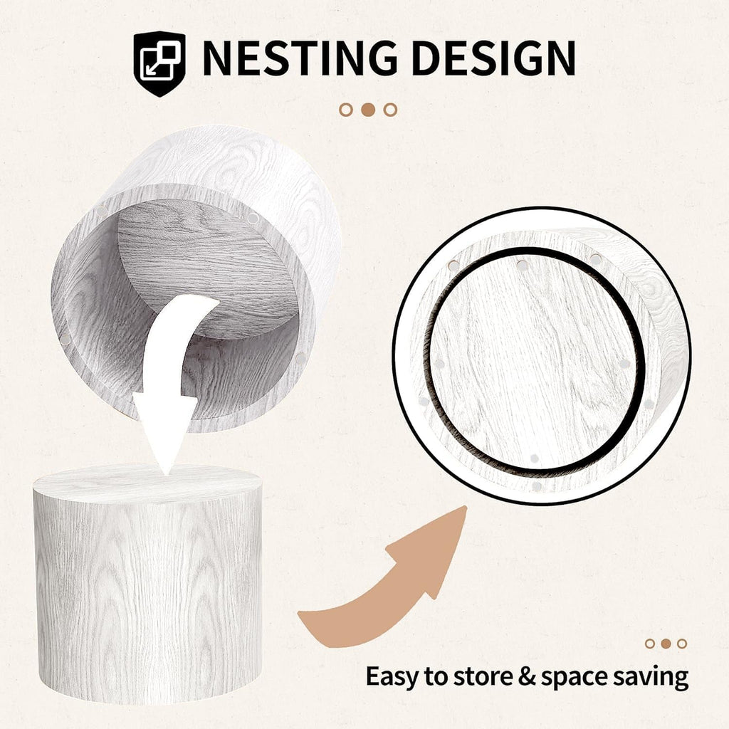 Small Round Nesting Coffee Table Set of 2, Wood Grain Circle Side End Accent Tables for Small Spaces Living Room Bedroom Balcony Office, White