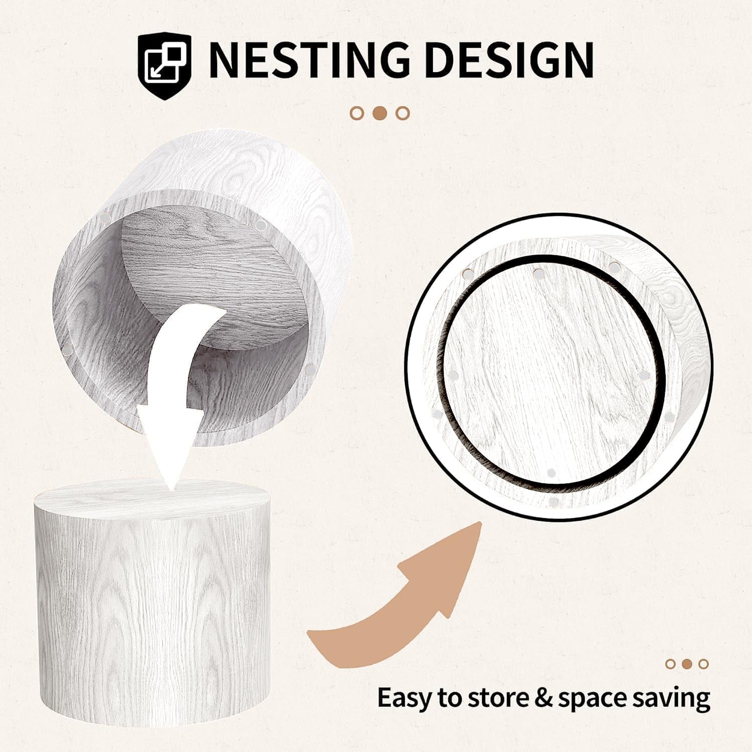 Small Round Nesting Coffee Table Set of 2, Wood Grain Circle Side End Accent Tables for Small Spaces Living Room Bedroom Balcony Office, White