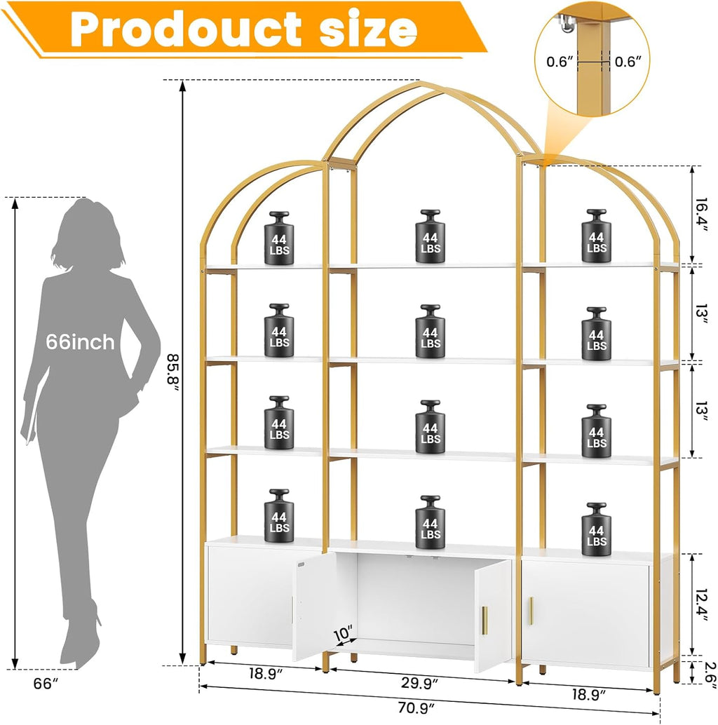 Arched Bookshelves and Bookcases: Triple Wide 5-Tier Large Open Bookshelf, Etagere Bookcase with Display Shelf for Home Office, White and Gold