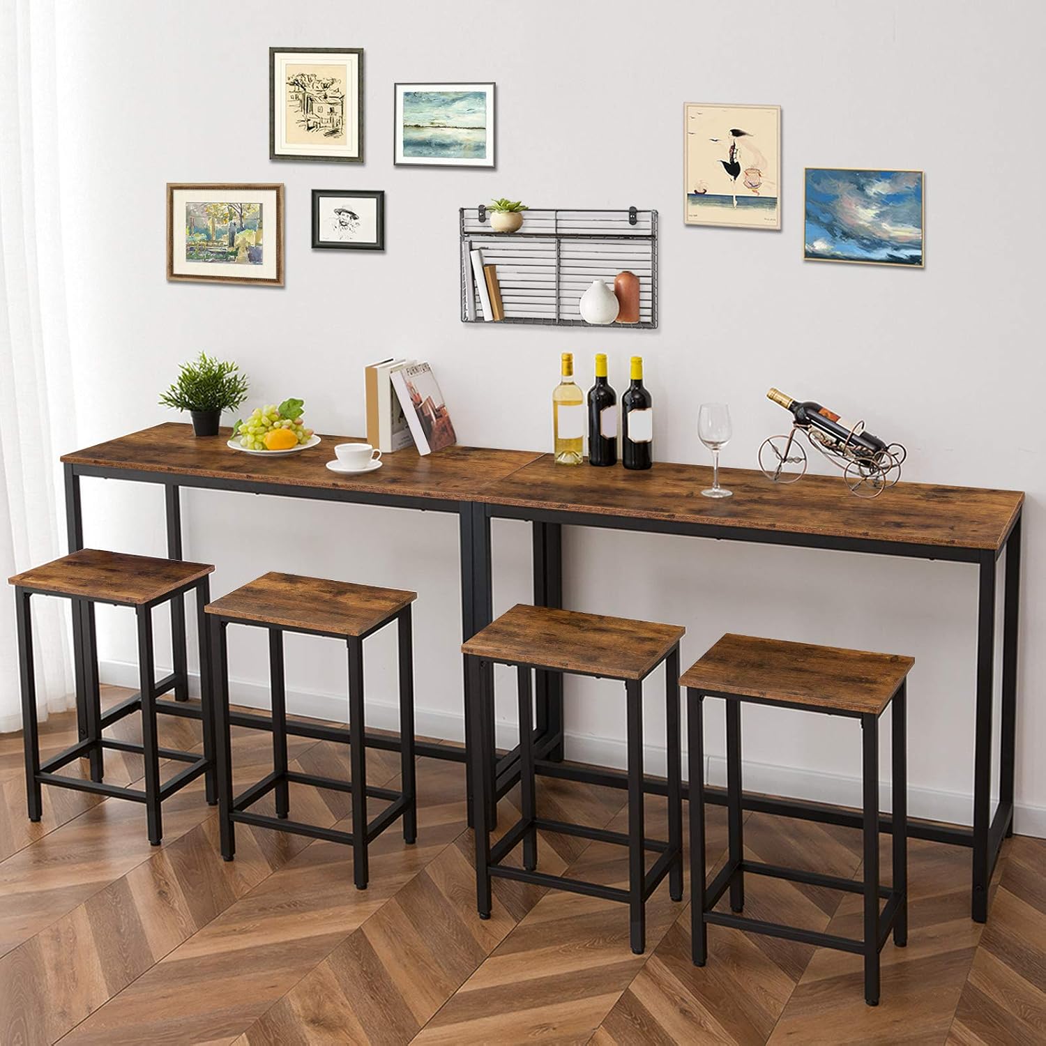 HOOBRO Bar Table and Chairs Set, 47.2' Rectangular Pub Table with 2 Stools for Small Space, High Top Table, 3-Piece Breakfast stools Set, Sturdy Metal Frame, Easy to Assemble, Rustic Brown BF52BT01