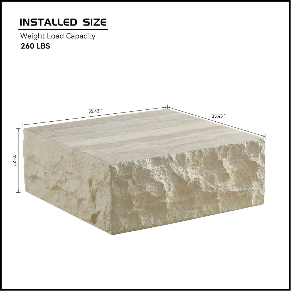 35.43'' Modern Square Coffee Tables for Living Room, Faux Marble Stone Minimalist Side Table, Fiberglass Center Table Accent End Table for Apartment,Office,No Need Assembly,Beige