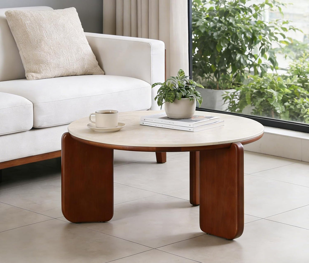 31.5' Modern Faux Mars Coffee Table, Round Sintered Stone Coffee Table with Walnut Solid Wood Leg, Faux Marble Drum Circle Center Table,Cocktail Tea Side End Tables for Living Room Apartment Home