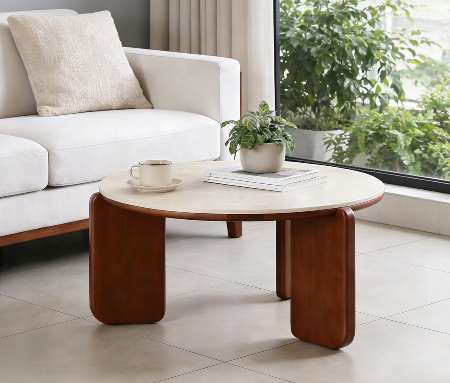 31.5' Modern Faux Mars Coffee Table, Round Sintered Stone Coffee Table with Walnut Solid Wood Leg, Faux Marble Drum Circle Center Table,Cocktail Tea Side End Tables for Living Room Apartment Home