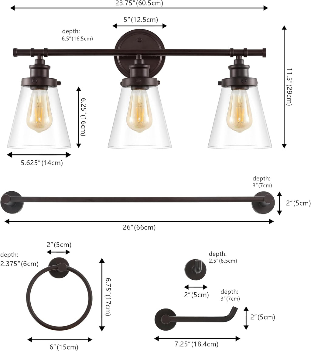 JONATHAN Y JYL1507A Hollis 23.75' 3-Light Traditional Farmhouse Vanity Light with Bathroom Hardware Accessory Set, Oil Rubbed Bronze (5-Piece) - Towel Bar & Ring, Toilet Paper Holder, Robe Hook
