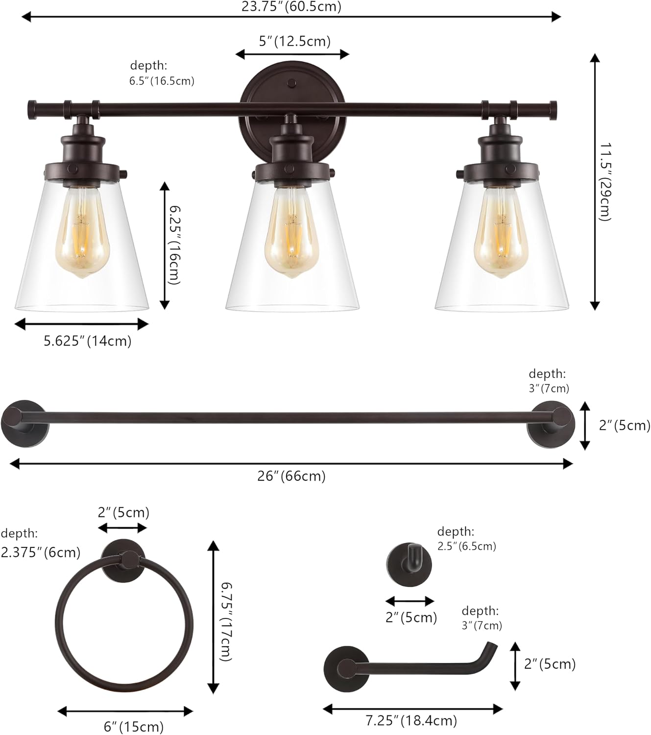 JONATHAN Y JYL1507A Hollis 23.75' 3-Light Traditional Farmhouse Vanity Light with Bathroom Hardware Accessory Set, Oil Rubbed Bronze (5-Piece) - Towel Bar & Ring, Toilet Paper Holder, Robe Hook