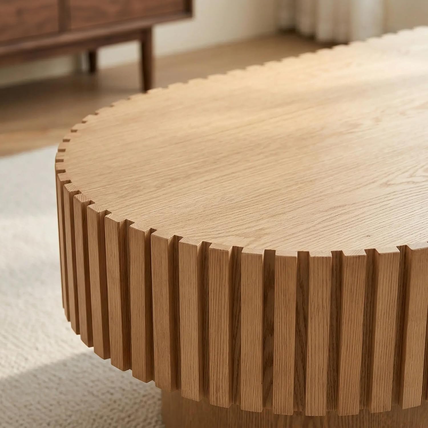 Oval Coffee Table for Living Room Fluted Coffee Table with Pedestal Modern Handcrafted Wood Center Table Tea Table Home Furniture Office Apartment Easy Assembly 43.7' Natural Wood