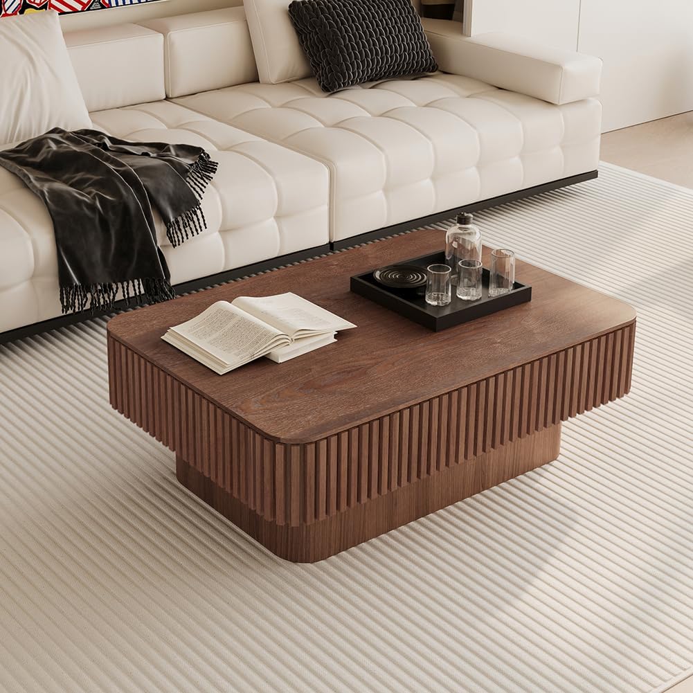 Lift Top Coffee Table with Storage for Living Room Mid Century Modern Coffee Table with Lifting Top Wood Fluted Coffee Tables with Lifts Up Tabletop for Home Apartment Office 38.6',Walnut Rectangle