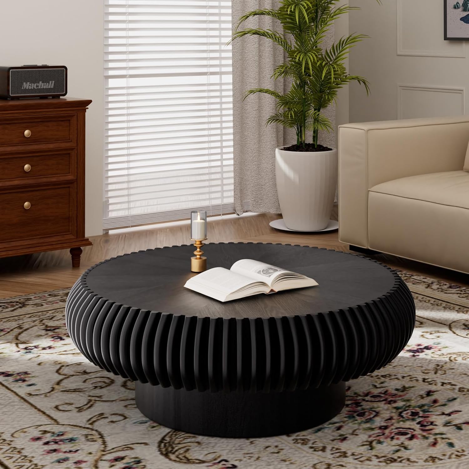 Round Drum Coffee Table with Sturdy Pedestal, Modern Wooden Fluted Coffee Table, Circle Center Table Accent Tea Table for Living Room Apartment Office Reception Room (Black D31.5)