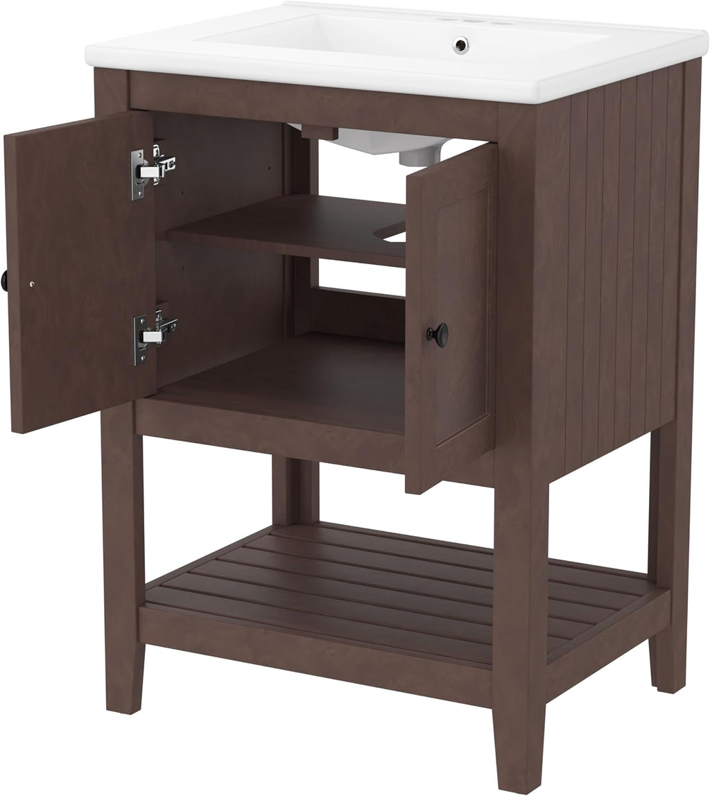 Merax 24 Inch Bathroom Vanity with Sink Set Combo, Cabinet with Doors and Open Shelf, Solid Wood Frame with Painted Finish, Modern Style