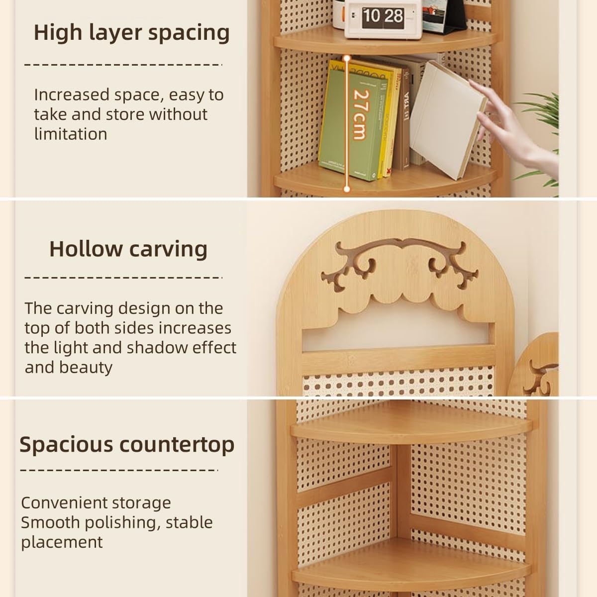 5-Tier Corner Bookshelf, Boho Corner Shelf Stand, Free Standing Rattan Storage Shelves, Tall Standing Shelf Organizer, Bookshelf, Plant Stand for Living Room Bedroom Study Kitchen(Khaki)