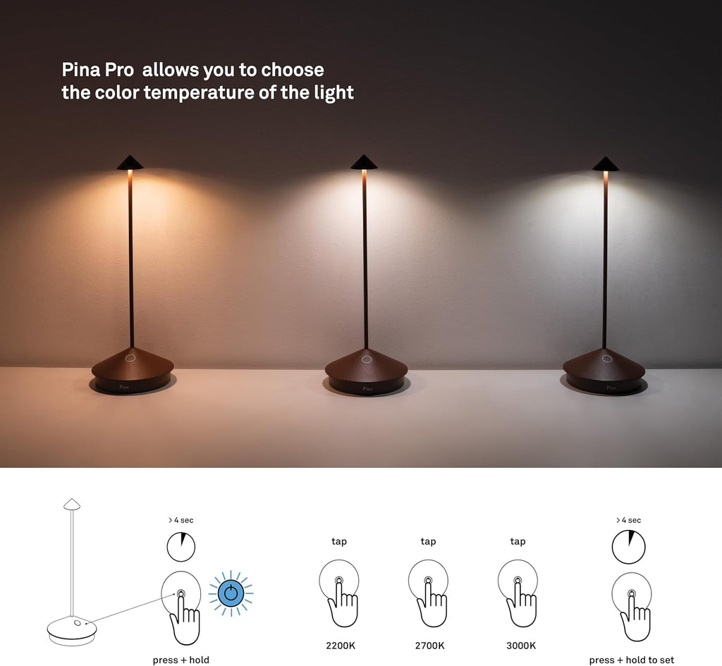Zafferano, Pina Pro Lamp, Rechargeable Cordless Table Lamp with Touch Controls, Suitable for Indoor and Outdoor, Dimmer, 2200-3000 K, Height 11.4 Inches, Rust Color