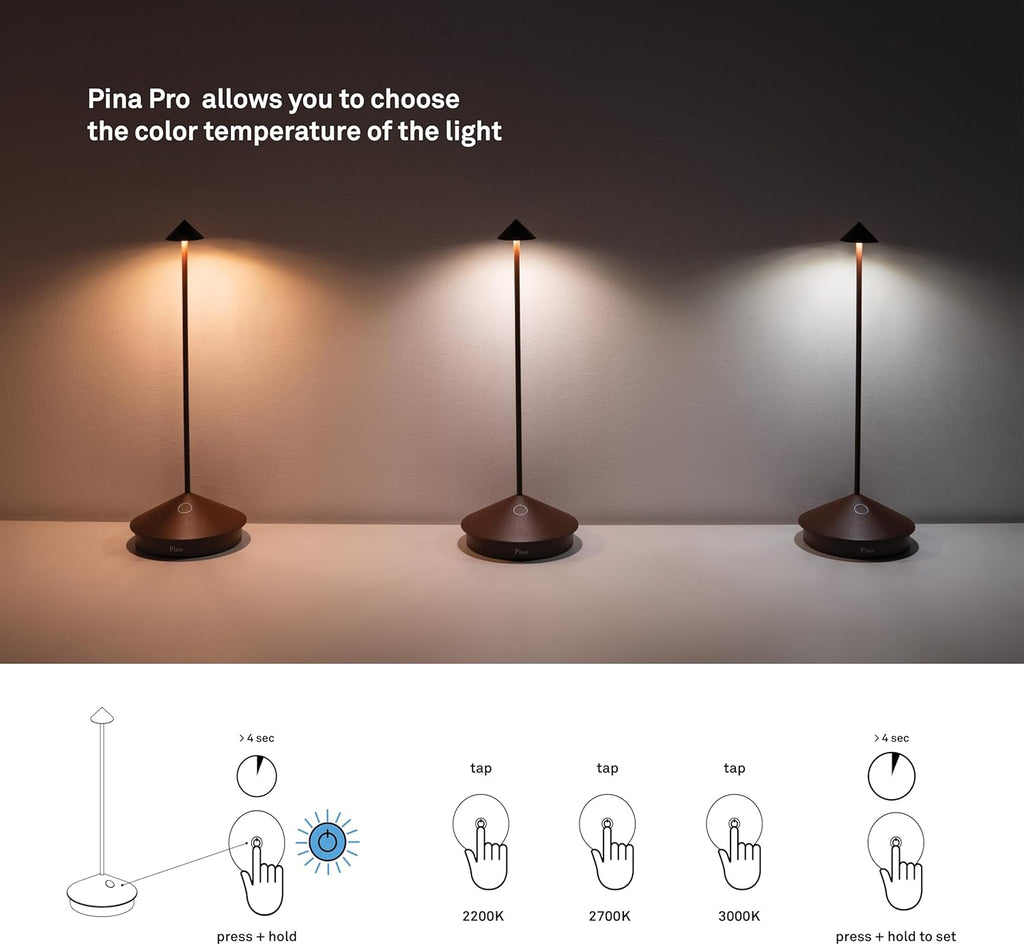 Zafferano, Pina Pro Lamp with Glossy Gold Finish, Rechargeable Cordless Table Lamp with Touch Controls, Usable as an Indoor Lamp, Dimmer, 2200-3000 K, Height 11.4 Inches