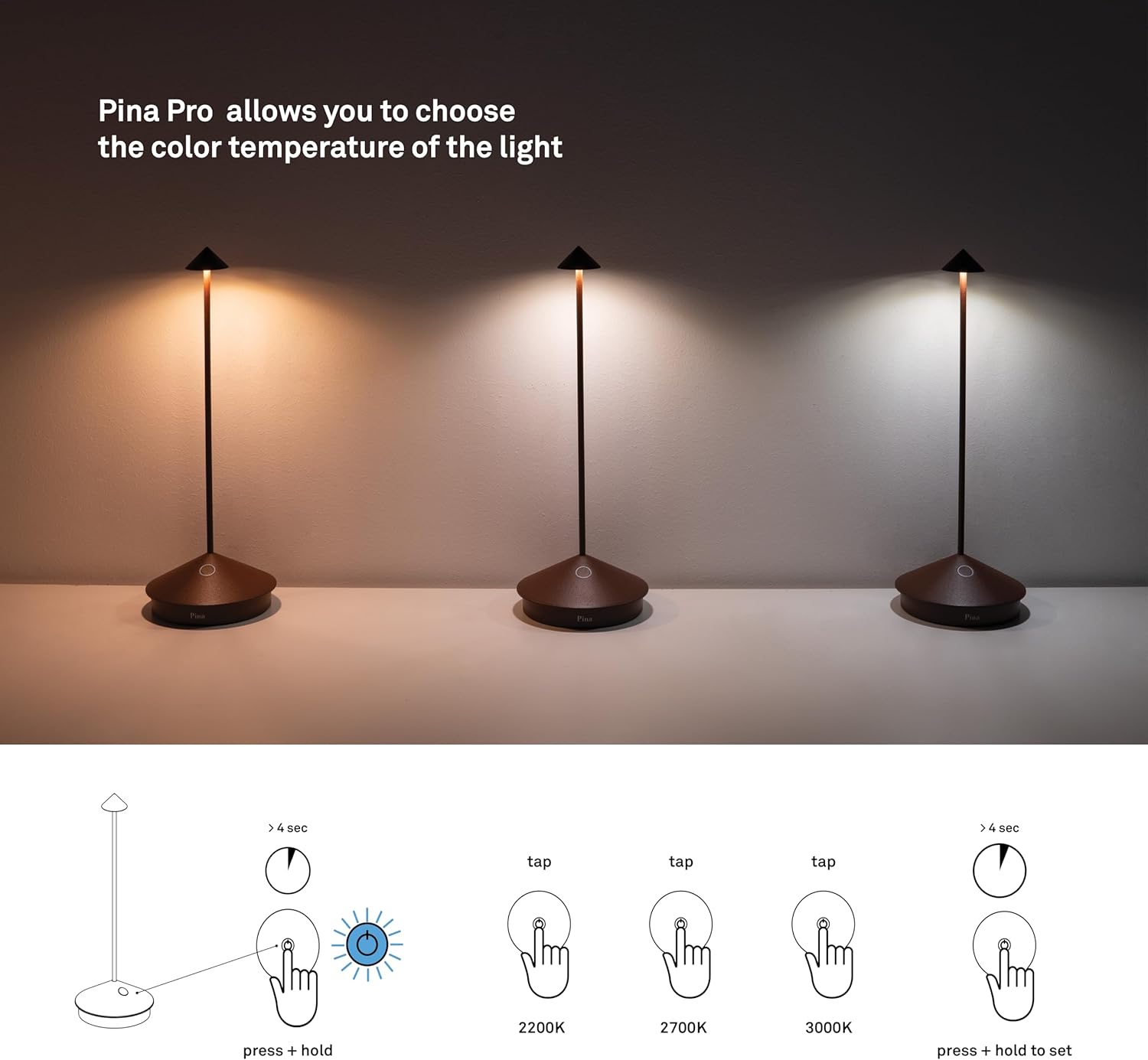 Zafferano, Pina Pro Lamp with Gold Leaf, Rechargeable Cordless Table Lamp with Touch Controls, Usable as an Indoor Lamp, Dimmer, 2200-3000 K, Height 11.4 Inches