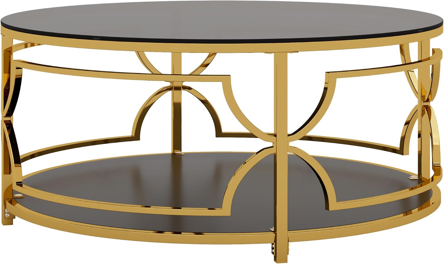 Merax 30.7' Round Tempered Glass Coffee Table, Luxurious Gold Geometric Metal Frame Side Table with Lower Storage Shelf, Modern Accent End Tables for Living Room, Bedroom, Apartment, Office, Black
