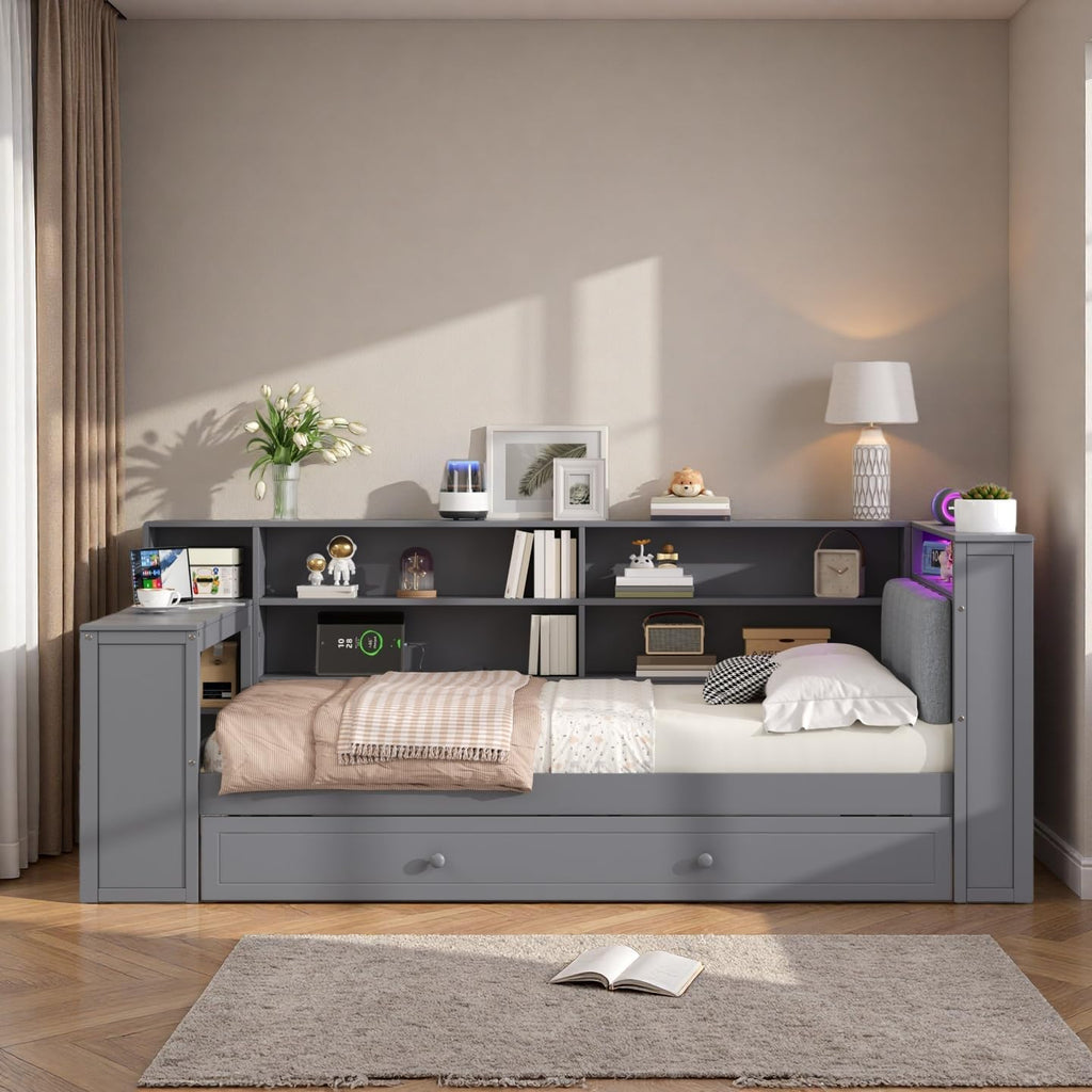 LUMISOL Twin Size Corner Bed with Desk, Storage Bookcase, Charging Station and LED Lights, Solid Wood Daybed Frame with Trundle and Upholstered Headboard for Kids Teens Adults, Gray