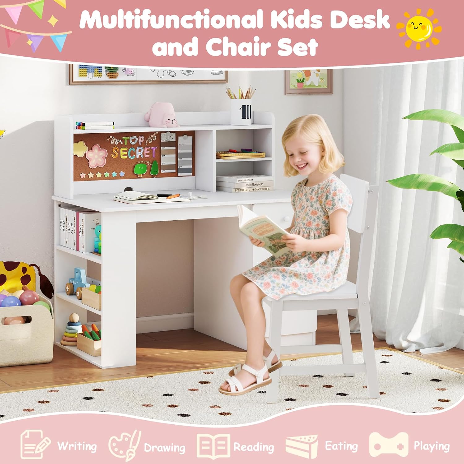 HONEY JOY Kids Desk and Chair Set, Large Wooden Children School Study Table and Chair w/Drawer, Hutch, Storage Shelves, Student Writing Desk Computer Workstation for Bedroom, 7+ Years Old (White)