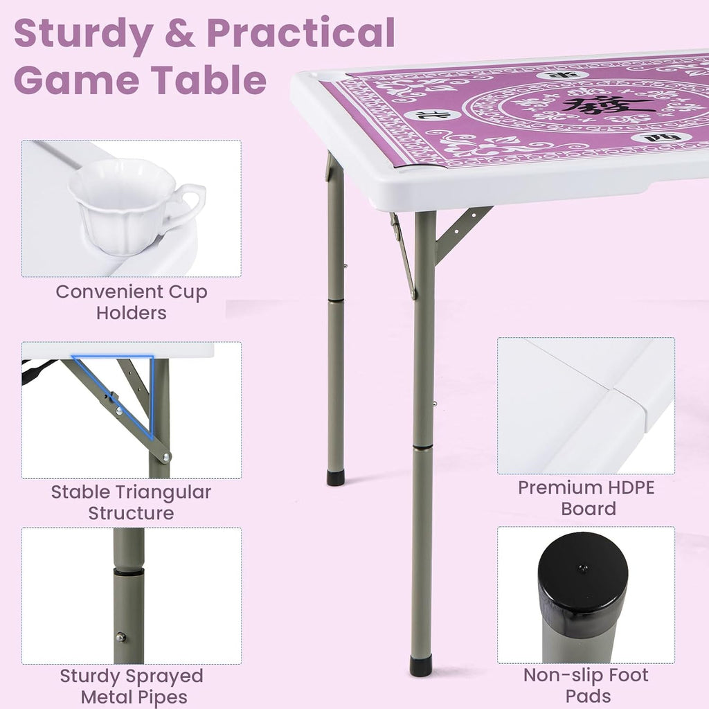 Goplus Mahjong Table, 35' Square Folding Card Table w/4Cup Holders, Anti Slip Mat, HDPE Tabletop, Metal Legs, Portable Mahjong Game Table for Domino Game, Picnic (Pink, Table w/Removable Mat)