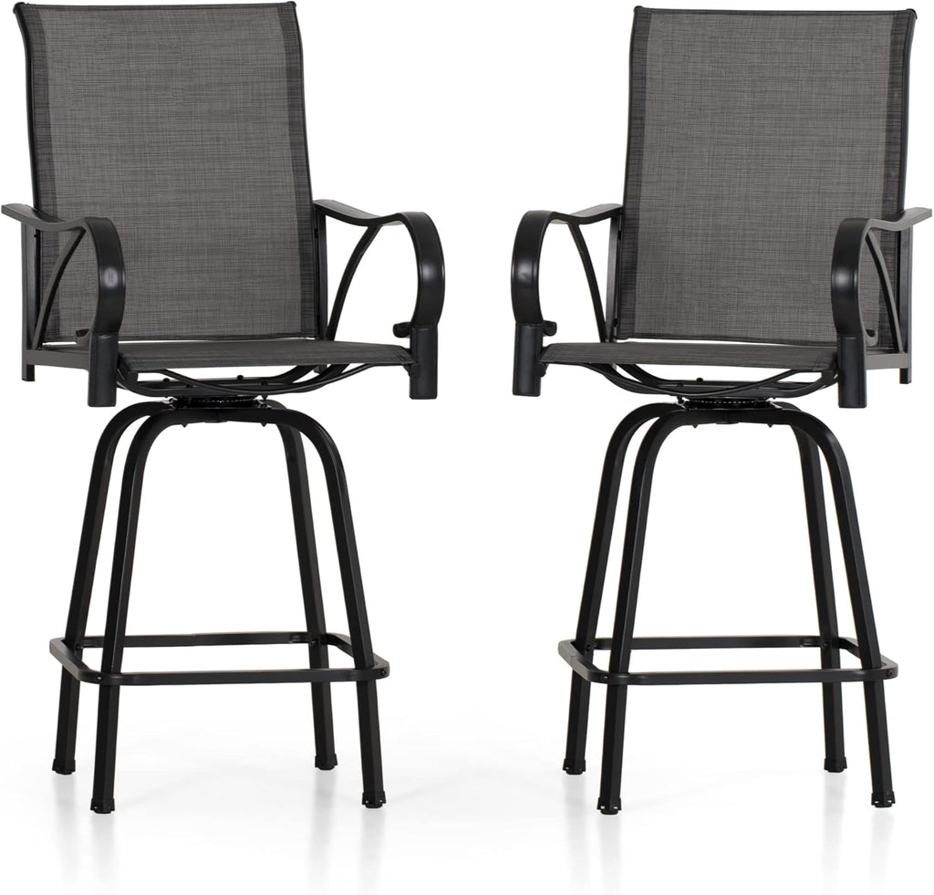 PHI VILLA Outdoor Bar Stools Swivel Set of 2, Outdoor Bar Height Tall Patio Chairs Grey with Armrest, High Top Patio Stools & Chairs with Sling Fabric for Outside Kitchen