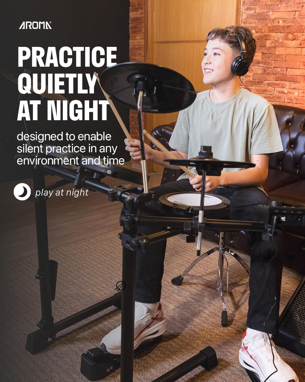AROMA TDX-18 Electronic Drum Set with 4 Quiet Mesh Drum Pads, 2 Switch Pedal, Portable and Solid Drum Set with, Bluetooth, Drum Throne, Headphones and Sticks
