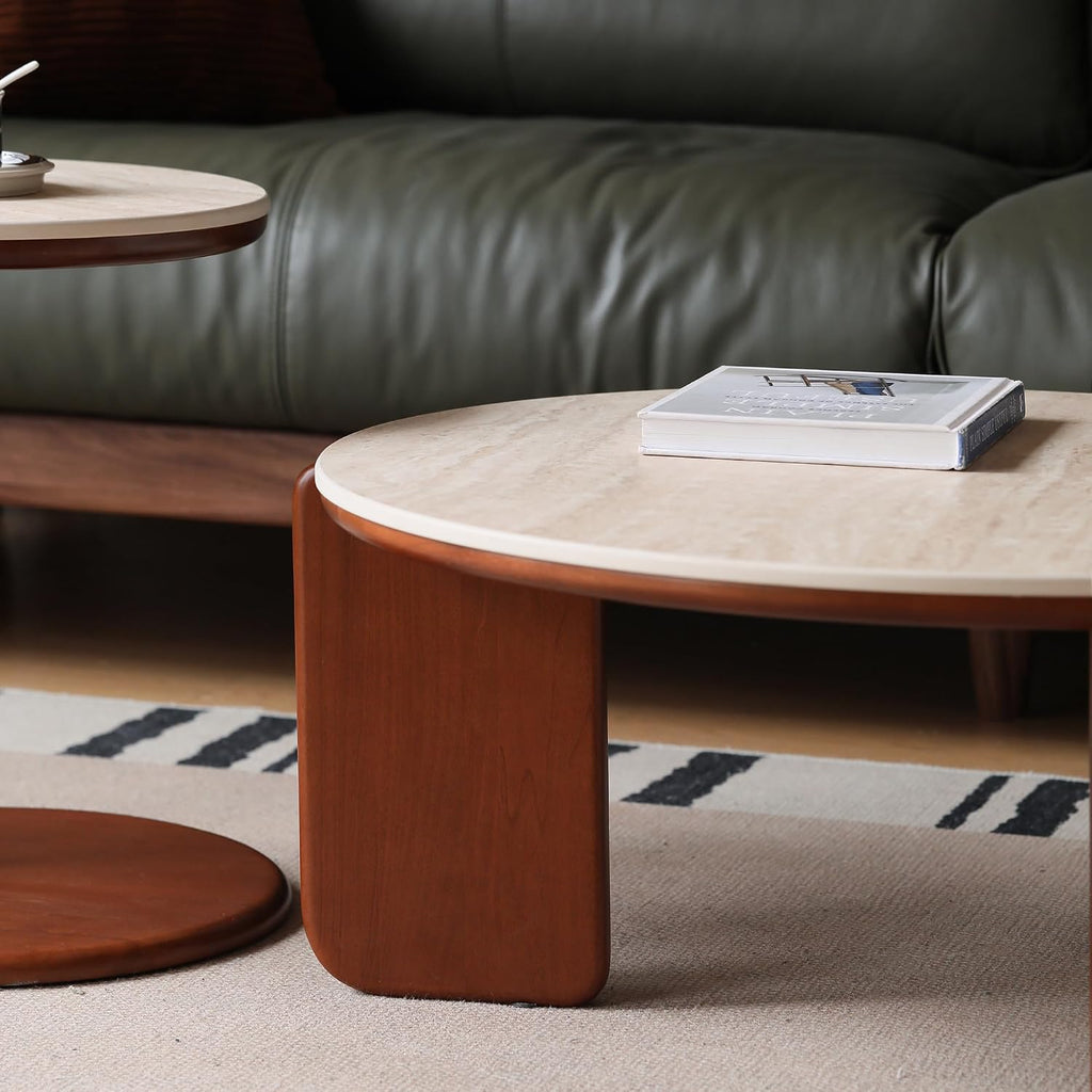 31.5' Modern Faux Mars Coffee Table, Round Sintered Stone Coffee Table with Walnut Solid Wood Leg, Faux Marble Drum Circle Center Table,Cocktail Tea Side End Tables for Living Room Apartment Home